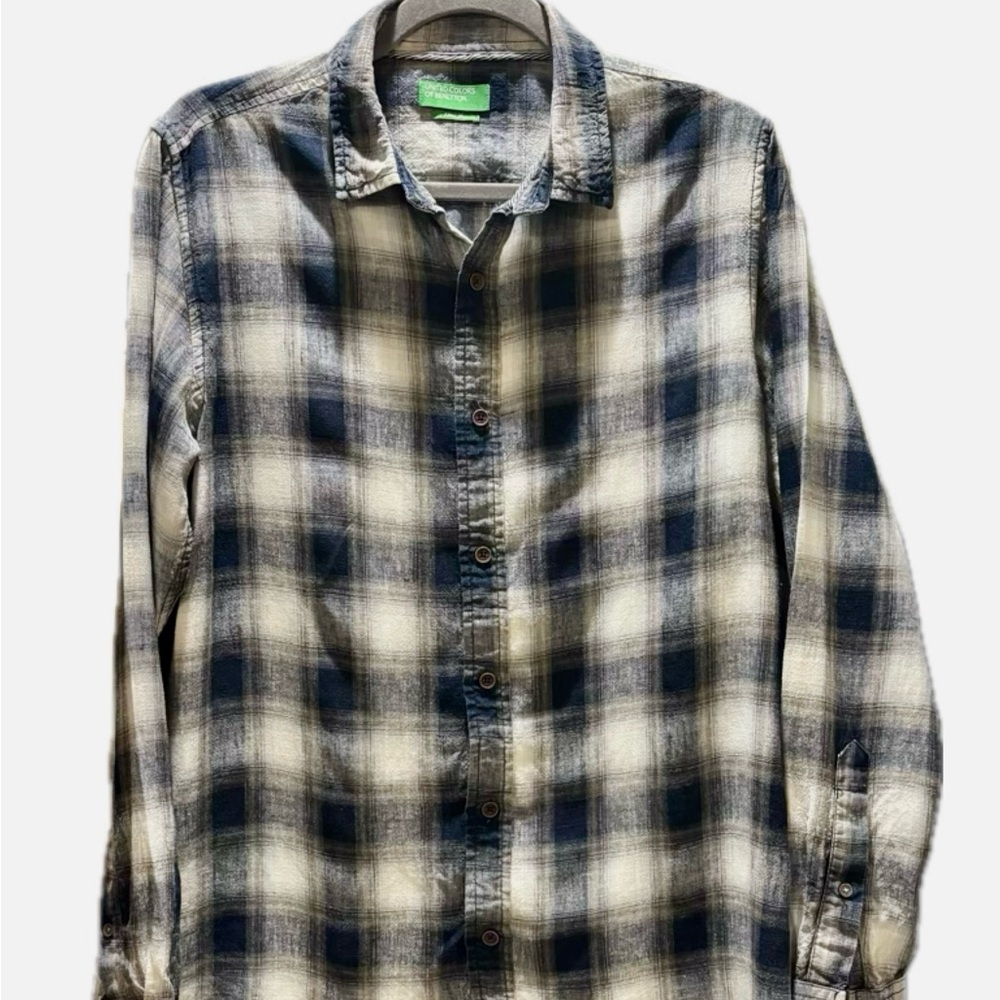 United Colors Of Benetton Plaid Shirt Linen Lyocell Blend Navy and Cream